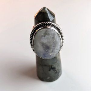 Sterling Silver Rainbow Moonstone Statement Ring & Twisted Stacking Ring - 5.25